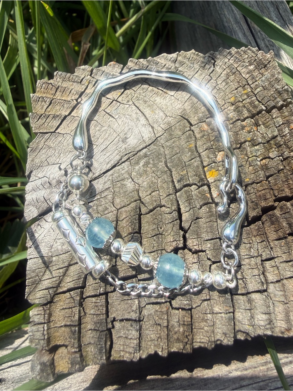 Aquamarine Brangle Bangle Bracelet Sterling & Stainless